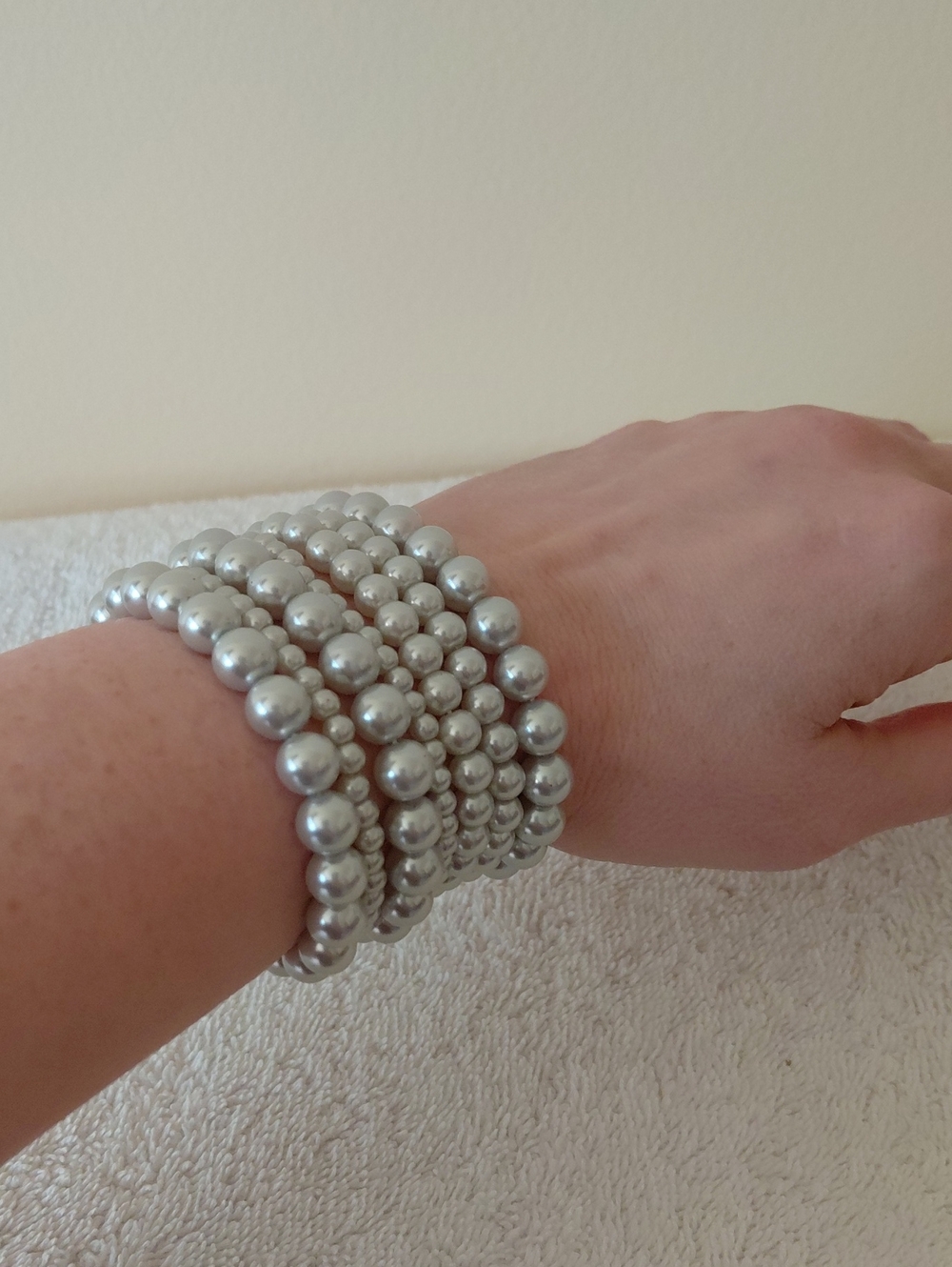 Silver Pearl Beaded Stretch Bracelet Stack - Women Jewelry